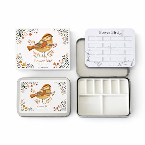 Bower Bird Travel Ceramic Watercolor Palette with Porcelain Mixing Tray, Metal Tin Box, White, 5.3x3.5x0.55 Inches, Portable Art Kit (8Well)