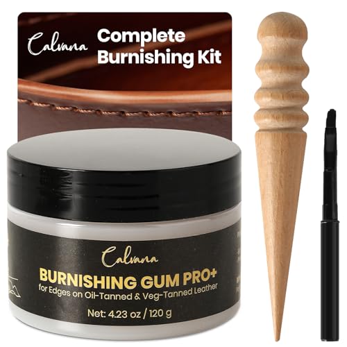 Calvana Pro Burnishing Gum 4.23 oz, Includes Ebony Edge Burnisher and Applicator Brush, for Edges on Oil-Tanned & Veg-Tanned Leather, Burnishing & Polishing, Water-Based