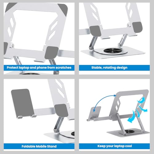 Image of Dyazo 360 Rotation 2 in 1 Laptop Stand with Mobile Holder | Multi Height & Angle Adjustable Design with Cooling Vent & Anti-Slip Pads | Compatible for MacBook, HP, Dell, Acer, Lenovo & More (Silver)