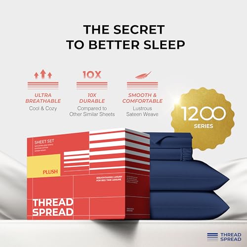 Image of THREAD SPREAD 100% Egyptian Cotton Queen Sheets Set - 1200 Series Plush Collection Luxury Egyptian Cotton Sheets Queen Size Deep Pocket (4 PC, Navy Blue), Soft, Cooling, Sateen Weave Sheet Set