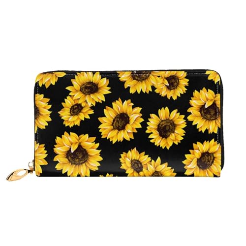 Yellow Sunflower Pattern Men'S Women'S Leather Wallet Cell Phone Purse Fashion Clutch Wristlet Bag