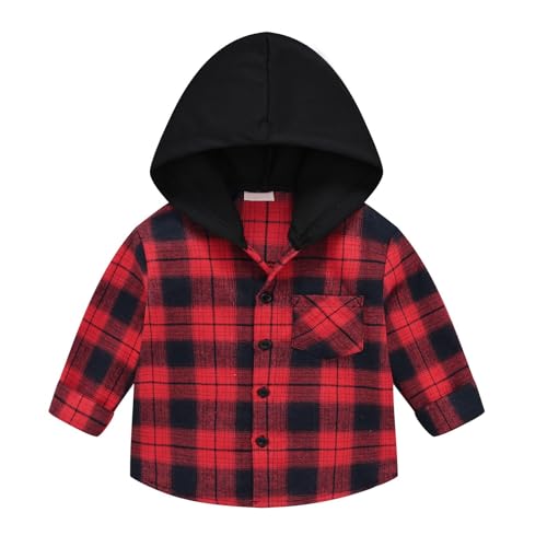 RNTOP Toddler Baby Boys Girls Long Sleeve Button Down Shirt Flannel Hooded Plaid Shirt Kids Spring Fall (Red, 5-6 Years)