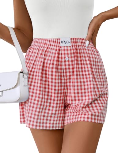 Image of LOMON Womens Boxer Shorts Casual Summer 2026 Pajama Lounge Sleep Pj Gingham Plaid Shorts Y2K Beach Bottoms