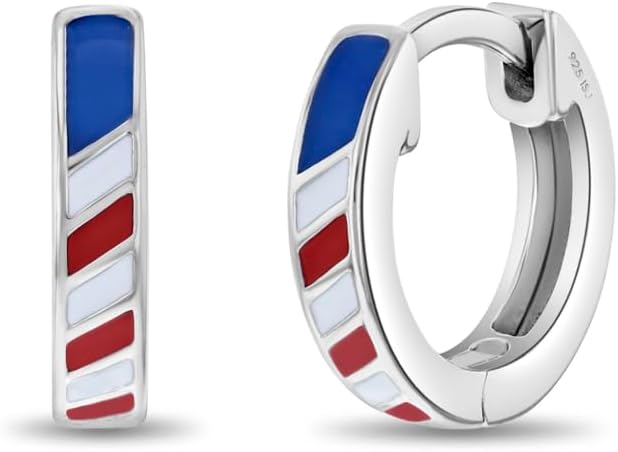 925 Sterling Silver Patriotic Flag Hinged Hoop Earrings For Little Girls & Preteens - Flag Hoops For Children - Little Girls Enamel Earrings