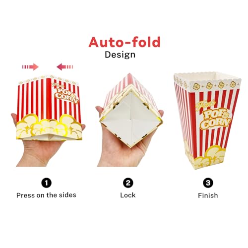 Image of SNAIL GARDEN 30Pcs 46oz Large Popcorn Boxes for Movie Night with Gold Border, Hollywood Birthday Party - Disposable Red /White Stripes Snack Containers, Durable Food Boxes