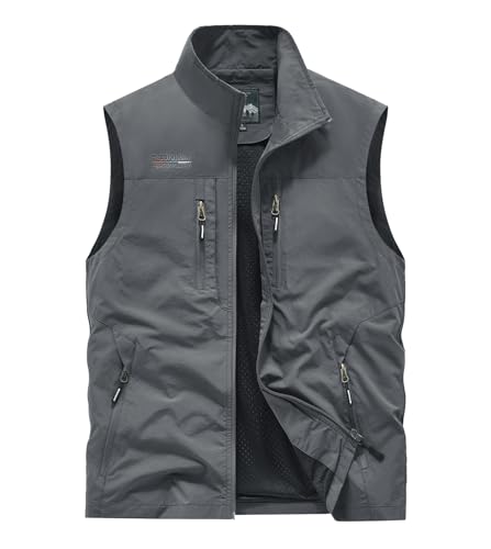 ROAMUNCH Men's Outdoor Utility Vest, Navy Blue, Multiple Zippered Pockets, Stand Collar (US, Alpha, Large, Regular, Regular, Grey)