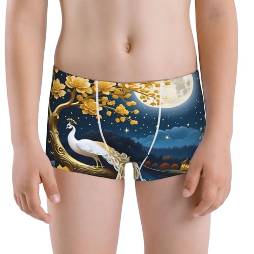 Boys' Cotton Boxer Brief Soft Underwear-Moonlit Golden Tree Peacock