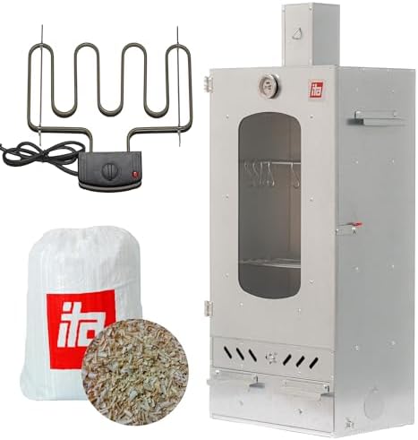 ITA Räucherofen 7012 - Smoker Set mit Heizelement & Räucherspänen - Räucherschrank mit 3 Etagen - Legierter Stahl, mit Sichtfenster & Kaminabzug - Qualität Made In EU Direkt vom He