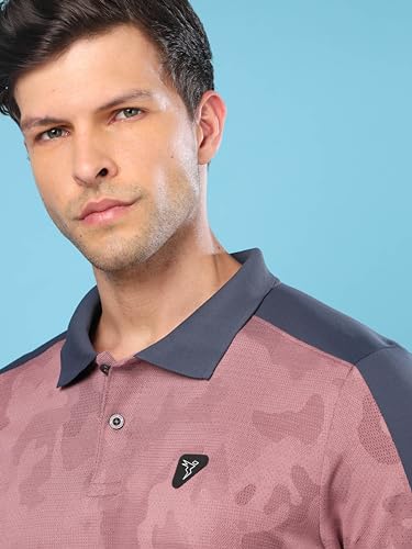 Image of TECHNOSPORT Men's Slim Fit Polyester Sporty Print Athleisure Polo T-Shirt with Half Sleeve, Moisture Wicking and Quick Dry