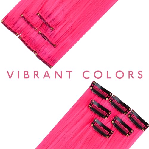 Image of WENNALIFE 12 PCS Hot Pink Hair Extensions Clip in, Colored Clip in Hair Extensions for Kids Highlights Rainbow Hair Clips for Girls Synthetic Straight Pop-up Style Colorful Girls Hair Accessories