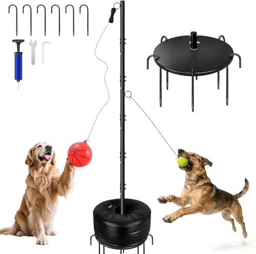 Hfshimlux Tetherball Set with Tetherball Ball and Rope 5-Prong Ground Anchor 20kg Water Weight Bag & Adjustable Height Pole Outdoor Backyard Lawn Park Rope Ball Game for Family Dogs (Black)