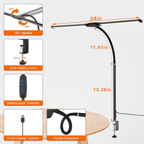 Image of LED Monitor Light Bar with Clamp, USB Powered Dimmable Desk Lamp, 3 Color Modes, Adjustable Brightness, Flexible Gooseneck, 24 Inch Eye-Caring Task Light for Study, Office & Reading