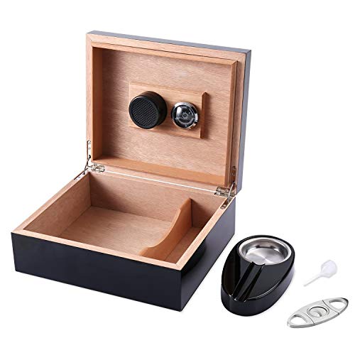 Woodronic Handmade Cigar Humidor Box with Hygrometer Humidifier Cigar Cutter and Ashtray for 30-50 Counts, Polished Piano Black Humidor Set for Men with Spanish Cedar Lining and Tight Seal