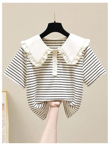 Girl's Button Front Striped Shirt Ruffle Trim Collar Short Sleeve Cute Tee Top3