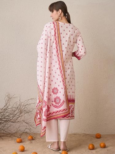 Image of INDO ERA Women's Pure Cotton Straight Ethnic Motifs Printed Inches Kurta With Pant with Dupatta Set (IESTR9762)