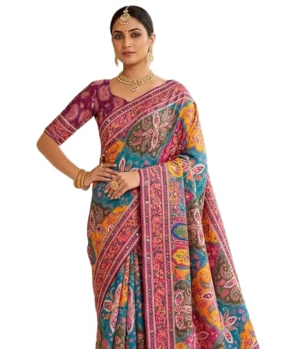 Image of Women's Chinon Silk Saree with Printed Design, Mirror Work & Zari Woven Detailing | Ethnic Wear Saree with Unstitched Blouse Piece | Traditional Festive & WeddingWear