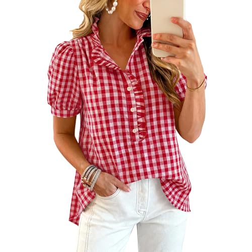 Women's Short Puff Sleeve Button Down Shirts Striped Plaid Ruffle Stand Collar Shirt Summer Tops Casual Work Blouses Red
