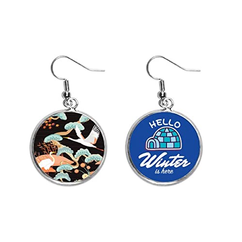 Pendientes de hielo de invierno con grúas y hojas de arce de diseño artístico exclusivo