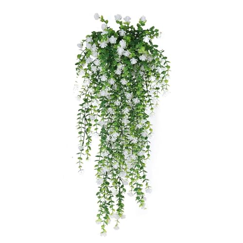 Luojuny Guirnalda de flores falsas para decoración de eucalipto artificial, realista, para el hogar, boda, jardín, interior y exterior, para colgar en la pared, color blanco