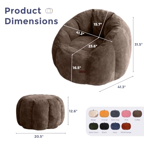 Image of MAXYOYO Bean Bag Chair with Ottoman, Giant Pumpkin Lounge Chair for Adults | Oversized Bean Bag Chair with Footstool, Comfy and Lazy Lounge Boneless Chair for Dorm, Living Room, Bedroom, Brown