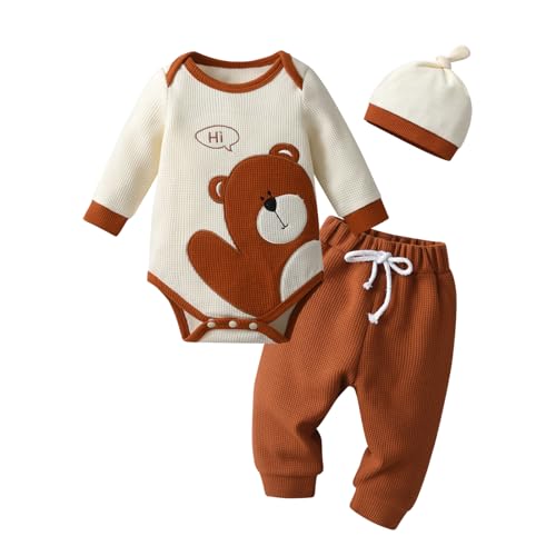 Image of Siracend Newborn Infant Baby Boy Clothes Print Long Sleeve Bodysuit + Pants + Hat 3 PCS Outfits Set