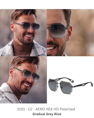 Image of THE MEN THING Men Octogonal 2101 AERO HEX HD Polarized Sunglasses - UV400 Protection, Stainless Steel Frame