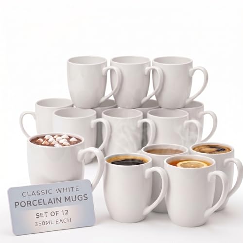 CUQOO White Coffee Mugs Set of 12 | 350ml (12oz) Porcelain Ceramic Tea Cups with Handle | Large Mug Set | Dishwasher & Microwave Safe | Bulk Mugs for Home Office & Catering