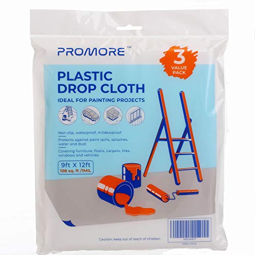 PROMORE Painters Plastic Drop Cloth 9' x 12' (3-Pack) Drop Sheet Dust Proof Clear Painting Tarp Waterproof Furniture Covers Plastic Paint Tarps and dropcloth for Painting