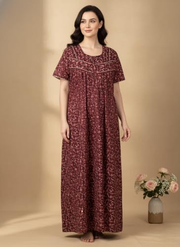 Image of Bahumaan Cotton Nighty for Women Full Length Stylish | Floral Print Cotton Maxi Dress for Women with Pocket | Sleepwear Gown for Women