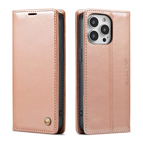 Étui portefeuille iPhone 14 Pro Max or rose chic effet vintage