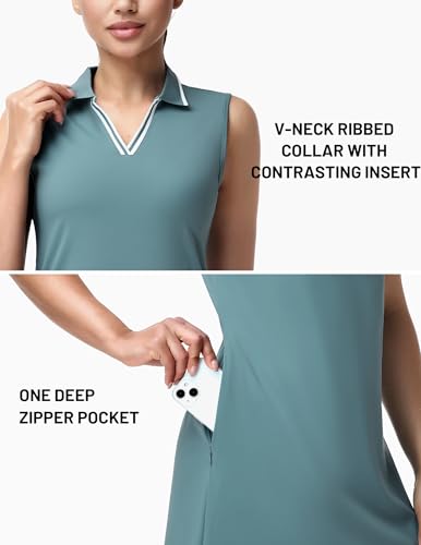 Image of MIER Golf Dresses for Women V Neck Sleeveless Dress with Zip Pocket | For Tennis Pickleball Travel Casual, Soft Breathable, 4-Way Stretch Light Flowy, Ribbed Collar, Reflective Logo, Wrinkle Free
