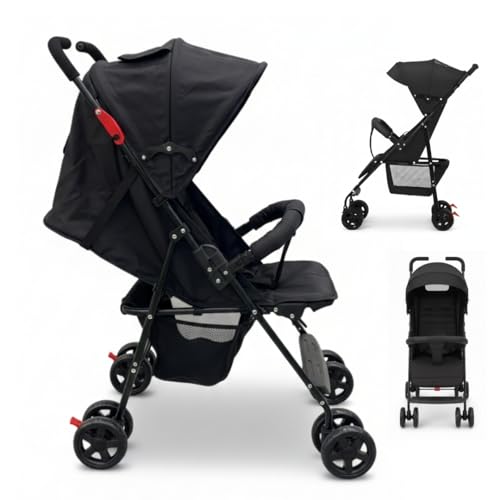 Image of OBABY Stroller with Reclining Seat, Adjustable Canopy, Safety Harness, Smooth Wheels, Compact Folding Design (Small-Black)