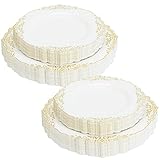 PartyMars 25 Guests Gold and White Disposable Plastic Dinnerware set,Fancy Wedding Party Gold Plates set 25 Dinner and Dessert Designers Plates each, Ceramic color and Gold Rim with table cloth