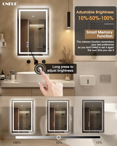 Oneup BML1624 16X24''Small Bathroom Mirror With Lights,Front Lighted Bathroom Mirror For Wall,Stepless Dimmable,Anti-Fog,Modern Led Vanity Mirror,Memory,Touch Botton thumb #3