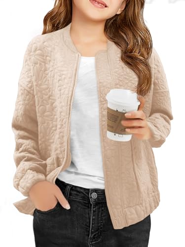 Haloumoning Girls Bomber Jacket Kids Cute Jacquard Zip Up Jackets Fashion Lightweight Outerwear with Pockets