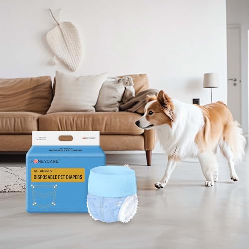 Image of Honeycare Female Dog Diapers,Disposable Diapers for Female Dog with Stretchy Waist,Dog Pull-Ups for Easy wear,Dogs in Heat Period Super Absorbent Leak-Proof Doggie Diapers, Medium,30 Count (Pack of 6)