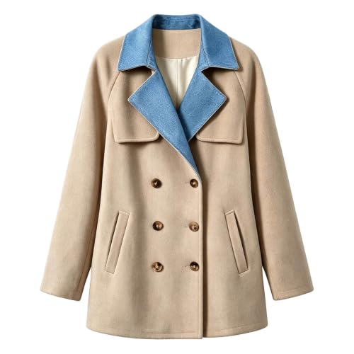 Trench Coat Women Denim Spliced Double Breasted Coat Notched Lapel OverCoat - image 5
