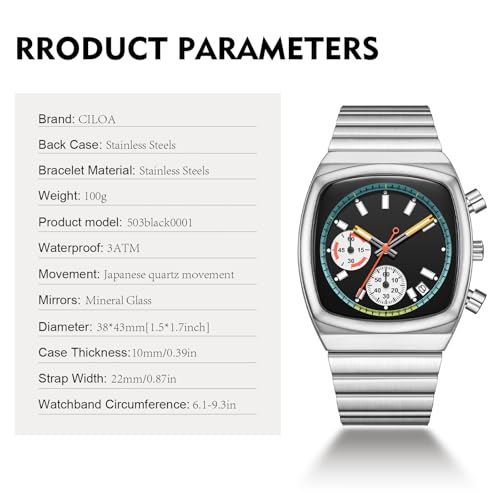 Image of CILOA Mens Watches Chronograph Stainless Steel Waterproof Date Analog Business Fashion Wristwatch for Men（Black）