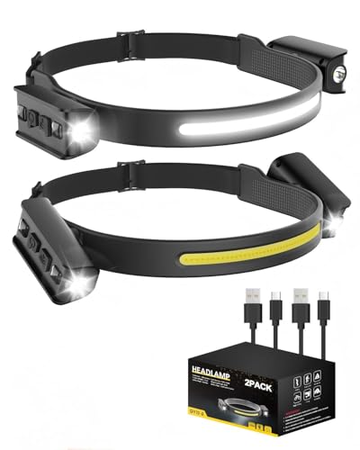 Tekwet 2 Pack Head Torch Rechargeable, 230° Wide Beam LED Headlamp with Motion Sensor, 2400mAh Battery, 6 Modes, Waterproof Lightweight Headlight for Camping, Hiking,Running, Fishing,Caving