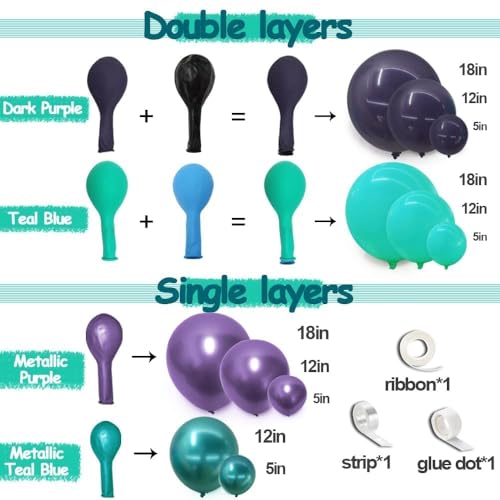 Image of Purple Teal Balloon Garland Double Stuffed Dark Purple Blue Turquoise Green Lavender Lilac Mermaid Balloon Arch Kit for Birthday Wedding Bridal Baby Shower Graduation Summer Party Decorations