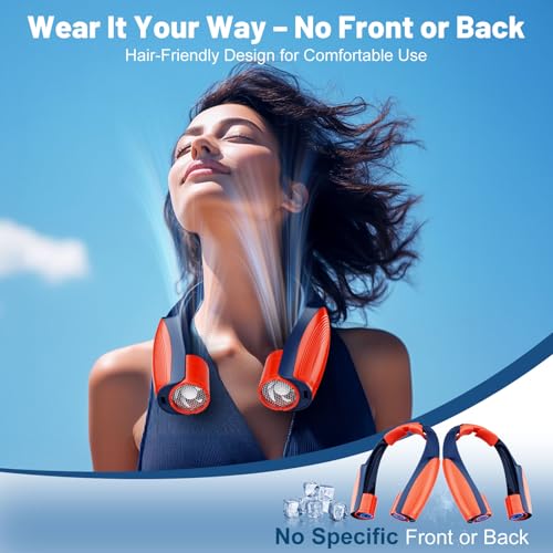Image of AI Portable Neck Fan with 6 Powerful Speeds, 8000mAh Battery Operated USB-C Rechargeable Fan, Hands-Free 360 Cooling Neck Fan,Ultra-Quiet Personal Fan for Women Men Office Travel(Orange-Blue)