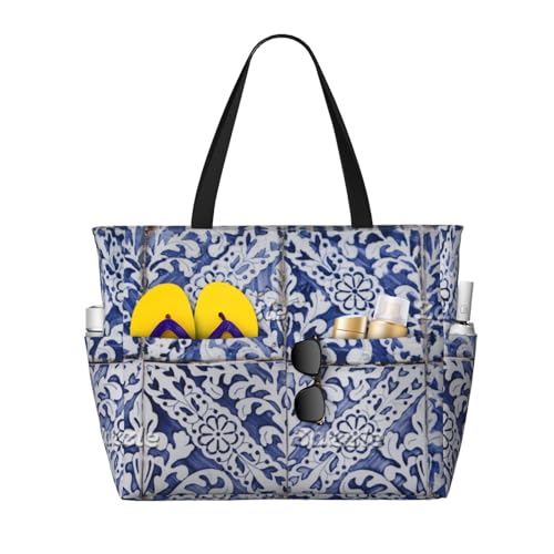 Portuguese Tiles - Azulejo Blue And White Floral Beach Bag Women Tote Bag Pool Bag With Zipper For Gym Grocery Travel With Wet Pocket, Black