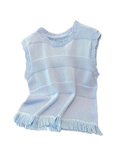 WDIRARA Women's Crochet Fringe Sweater Vest Crew Neck Sleeveless Pullovers Knit Tank Tops