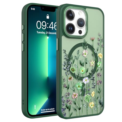 Image of Magnetic for iPhone 13 Pro Max Case with for Women, Green Flower | Pretty Floral Pattern Design [Compatible with MagSafe] Shockproof Slim Translucent Matte Non-Slip Protective Cover