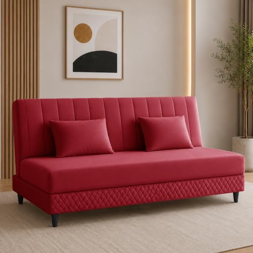 Image of Rosebell Modern 3 Seater Velvet Sofa Cum Bed with Cushion | Premium Upholstered Fabric | Tufted Backrest | Wooden Legs | Living Room Furniture | Red