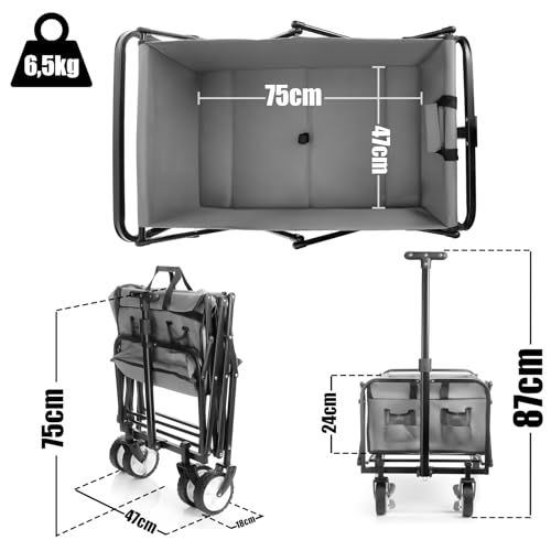 BigDean Bollerwagen faltbar grau kompakt & belastbar bis 80kg – Bollerwagen platzsparend zusammenklappbar für Ausflüge, Camping & Einkäufe – Bild 4