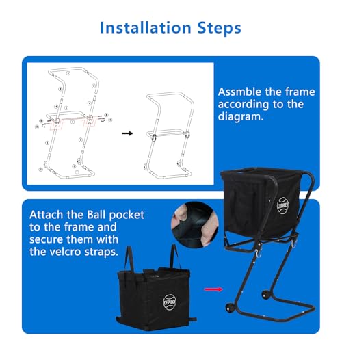 CEPHKY Portable Tennis Ball Hopper with Wheels, Foldable Ball Caddy Holder for Baseball, Pickleball, Softball and Tennis Balls, Large Capacity Basket for Easy Storage & Transport, Holds 100-150 Balls