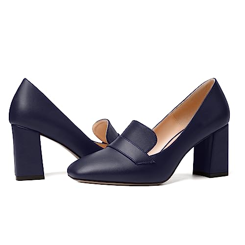 Image of MODENCOCO Womens Sexy Formal Matte Slip On Square Toe Work Block High Heel Loafers Shoes 3.5 Inch