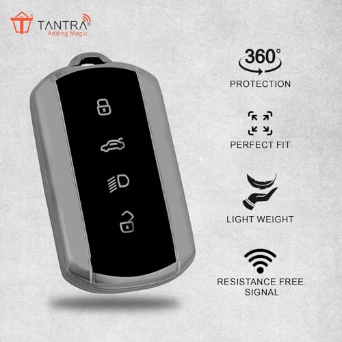 Image of TANTRA TPU Key Cover and Round Key Chain Compatible with Tata Curvv | Curvv EV Electric 4 Button Smart Key (Grey)