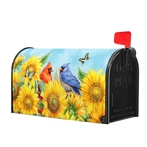 Image of Welcome Spring Summer Cardinal Sunflower Mailbox Cover Magnetic Standard Size 21 inch x 18 inch Summer Floral Flower Birds Rustic Decorative Mailbox Covers Magnetic Post Letter Box Wrap Cover Outdoor Decor